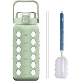 MUKOKO Half Gallon/64 oz Glass Water Bottles with Straw and Lid,Motivational Water Jug with Time Marker Reminder and Silicone Sleeve,100% Leakproof BPA Free Fitness Sports Large Bottle-Green