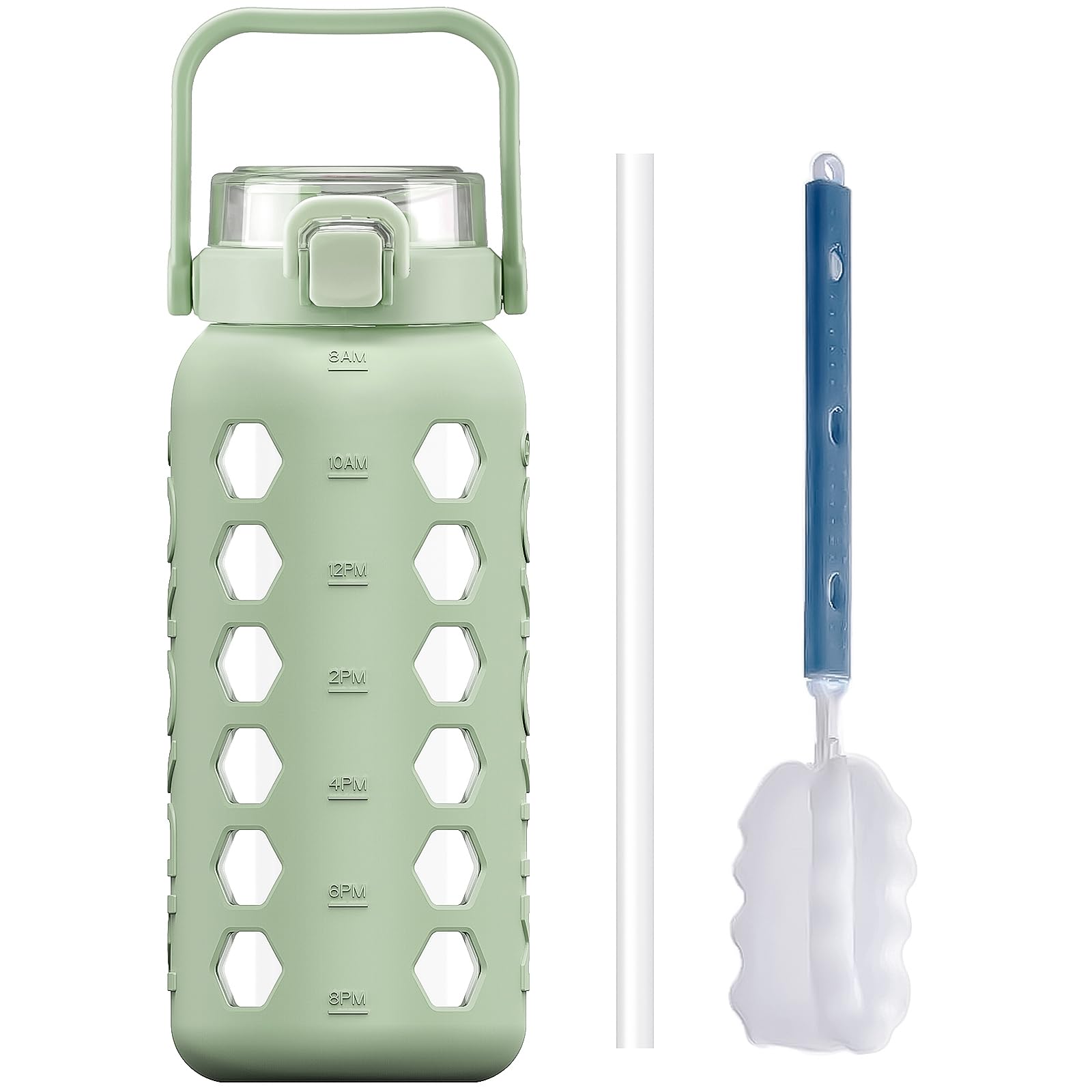 Photo 1 of MUKOKO Half Gallon/64 oz Glass Water Bottles with Straw and Lid,Motivational Water Jug with Time Marker Reminder and Silicone Sleeve,100% Leakproof BPA Free Fitness Sports Large Bottle-Green