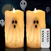 Lasumora Halloween Ghost Flameless Pillar Candles with Remote Timer, 2PCS | Halloween Decorations, Halloween Decor Indoor, Halloween Pillar Candles Battery Operated, Ghost Candles, Home Decor, Real Wax