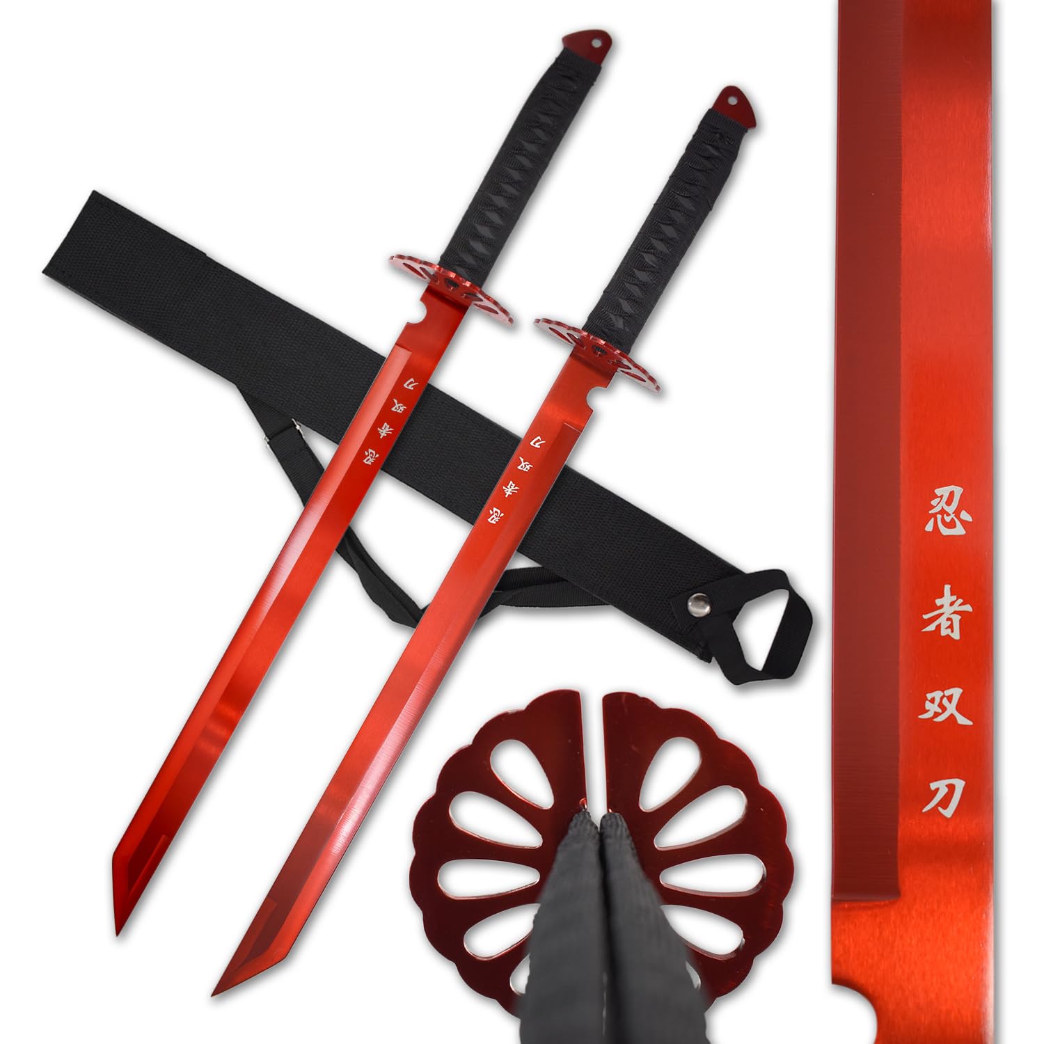 Twin Ninja Sword Set with Black Nylon Wrapped Handle, 28 Inch Overall, 18.25 Inch Stainless Steel Blade, Includes Shoulder Strap - HK-6183 Series (Red) Image