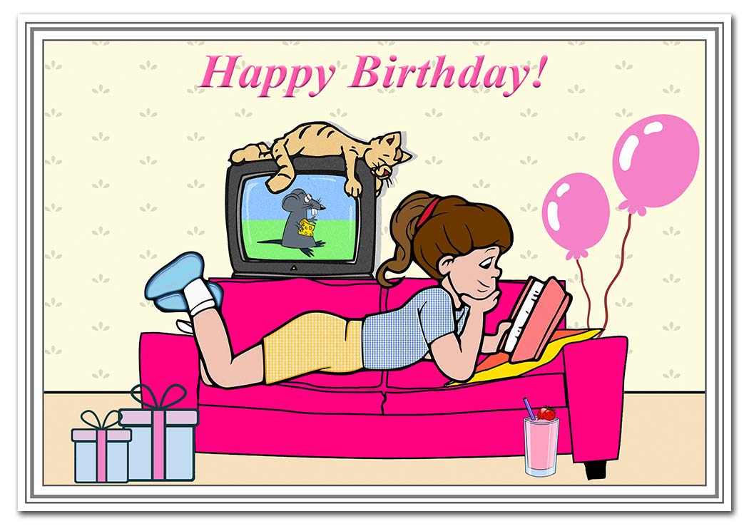 Unique Happy Birthday Card for Girls - Teenagers or Young Daughter Granddaughter Sister Friend - Best Special Unusual Wishes - Gifts Balloons Reading Cat greeting - Blank Inside to write own Message