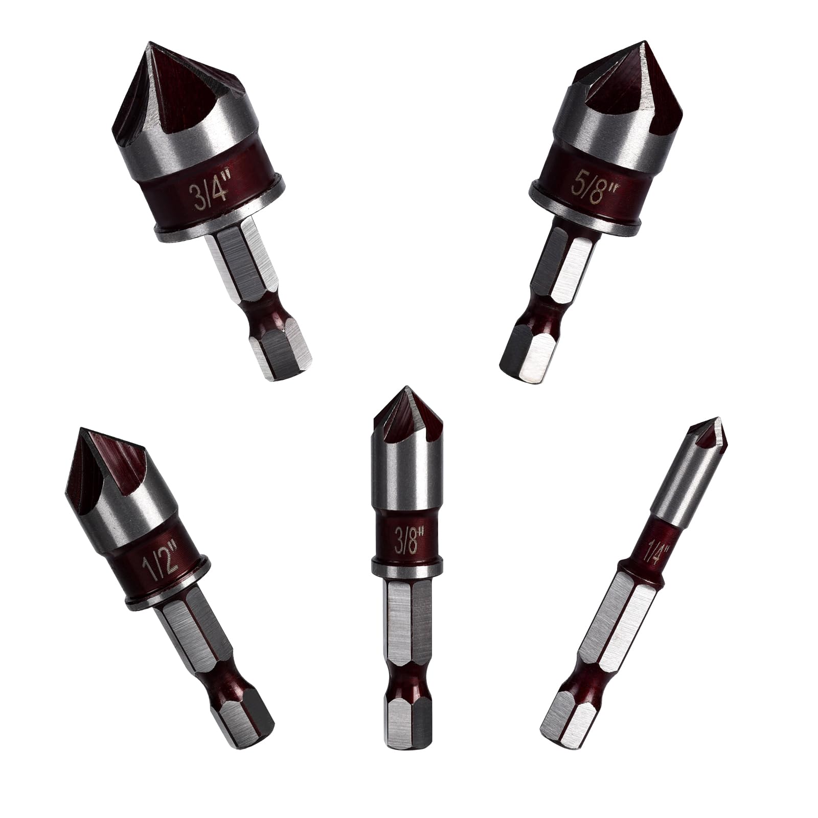 5 Pcs Countersink Drill Bits Set,High Carbon Chromium Steel Counter Sinker Drill Bits 5 Flute 82 Degree Hex Shank 1/4'' 3/8'' 1/2'' 5/8'' 3/4'' Set for Medium Hardness Metal, Fibreglass Plastics, Wood