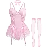 Foxiny Sexy Choker Corset Underwire Lace Sheer Garter Stockings Babydoll Lingerie Set with Thong 4 Piece Outfits