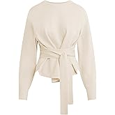 Yeokou Women Tie Front Sweater Soft Loose Long Sleeve Crew Neck Belt Knit Pullover Top Office Dressy