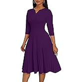 CLOCOR Midi Dresses for Women, 3/4 Sleeve A Line Pleated Casual Dress V Neck Church Cocktail Wedding Guest Dress