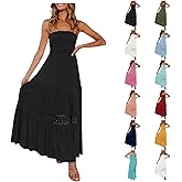 GOSEAGOTOFUN Strapless Dress for Women Summer Boho Beach Cover Ups Sundresses Trendy Off Shoulder Smocked Lace Trim Dress