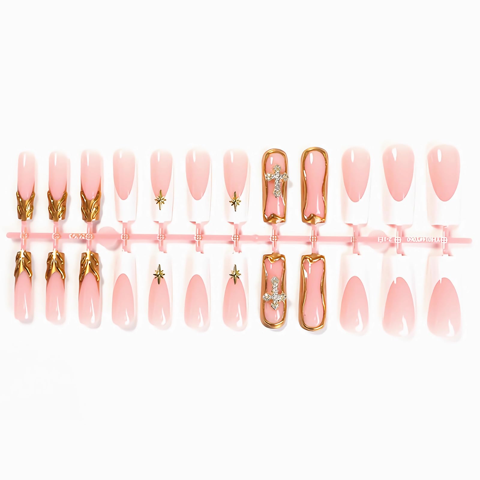 MISUD Press on Nails Long Square Fake Nails Glossy Glue on Nails 3D Gold French Tip Acrylic Nails Squoval Artificial Nails Cross Rhinestone Stick on False Nails with Design 24 pcs - Image 2
