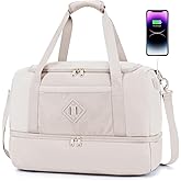 WANDF Travel Duffel Bag with Wet Pocket & Shoe Compartment, 18x14x8 Personal Item Bag with USB Charging Port, Water-Resistant Gym Weekender Overnight Carry-on for Women Men (Beige)