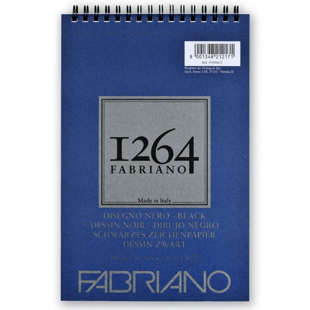Honsell Fabriano Disegno Nero 19100651 Spiral Bound Sketch Pad 1264 200 g/m² DIN A5 20 Sheets Black Satin Paper with Medium Grain Acid for All Drying Techniques