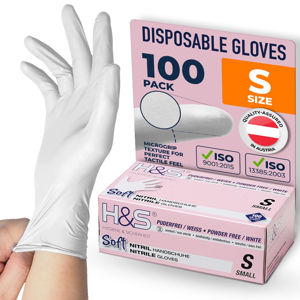 ISC Hygiene & Safety Nitrile Gloves 7 S Small White Box of 100 Powder Free Latex Free eudermic Disposable Examination Gloves nonsterile ambidextrous Commercial use