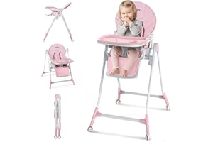 Sejoy High Chair, 3-in-1 High Chairs for Babies and Toddlers, Five Point Seat Belt, with Detachable Wheels & Tray, Adjustable Height & Recline& Footrest Multifunctional Infant Highchair (Pink)