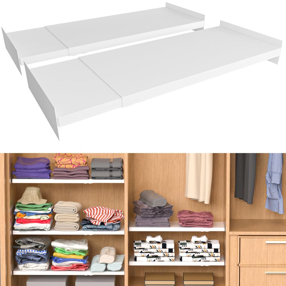 Photo 1 of Slideep Adjustable Closet Storage Shelves, Expandable Wardrobe Shelf with Seamless Sticker Heavy Duty Clothes Hanger Rack DIY Divider RV Separator for Cabinet Pantry Cupboard Kitchen, 2Pack