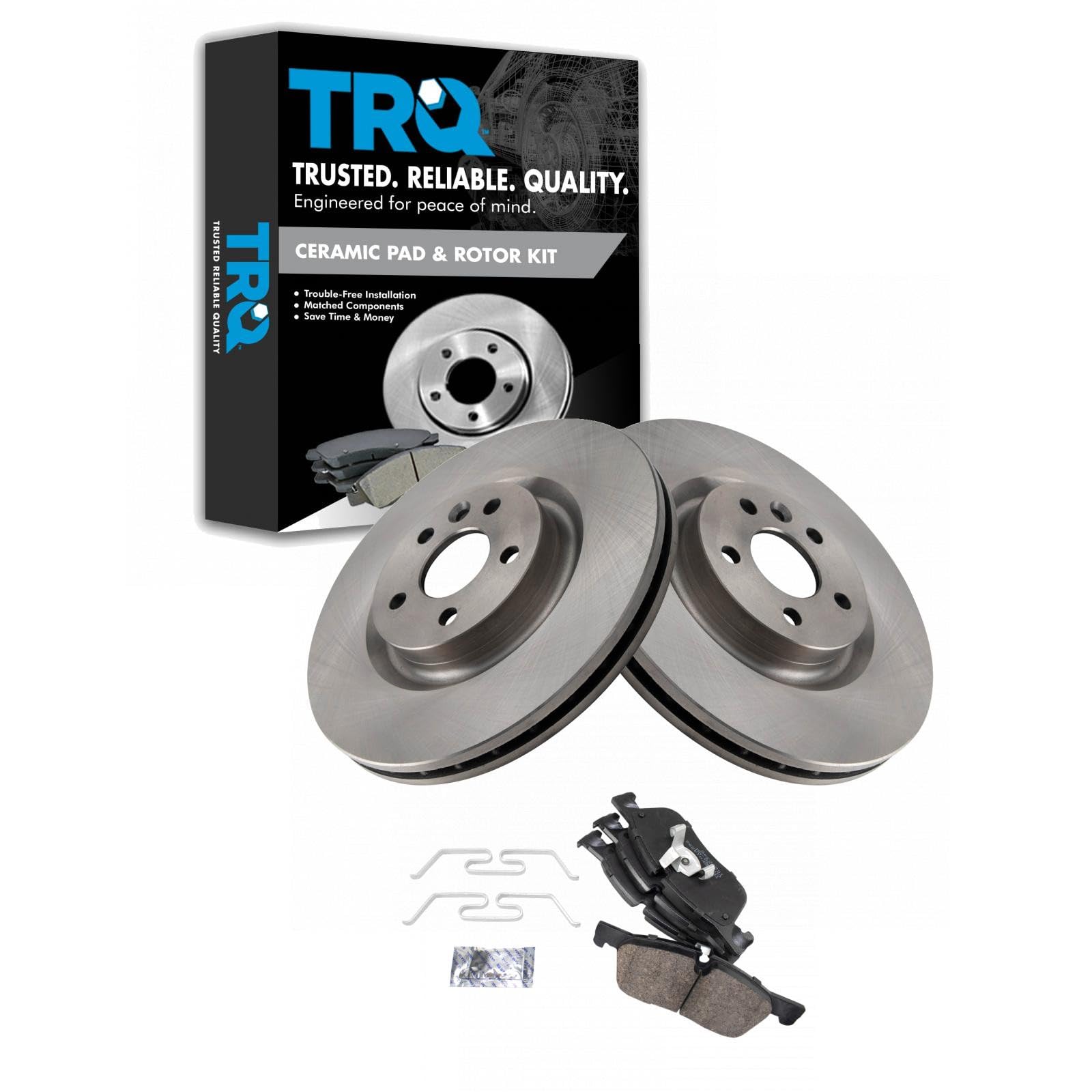 TRQ Front Brake Pad and Rotor Set Ceramic Compatible with 2018-2019 Jaguar E-Pace 2015-2019 Land Rover Discovery Sport 2016-2019 Range Rover Evoque