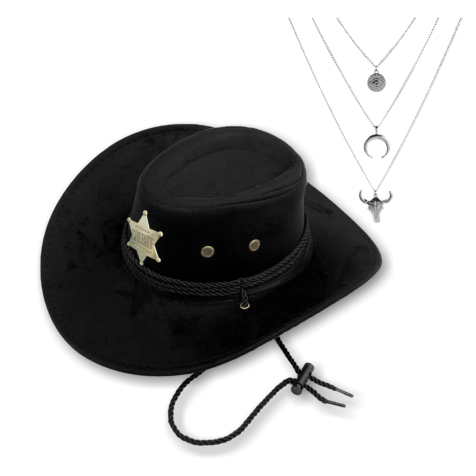 Photo 1 of **SHERIFF STAR AND NECKLACE MISSING***Western Cowboy Hat for Women Men Classic Fedora Felt Wide Brim Cowgirl Hat with Belt Buckle, Evil Eye Bull Head Necklace (Sheriff, Black)