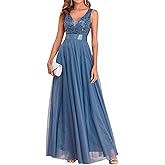 YHHOWEP Women's Formal Dresses Long Evening Gowns Tulle V Neck Sleeveless Sparkly Sequin Cocktail Party Wedding Guest Dress