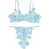 Lilosy Sexy Applique Floral Mesh Sheer Underwire Lingerie Set 2 Piece