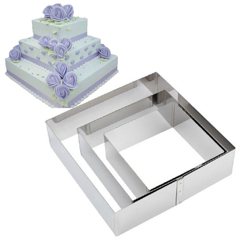 TAMUME Square Stainless Steel Cake Moulds for Specific Shape Moulds - Set of 3 Baking Moulds (Square)