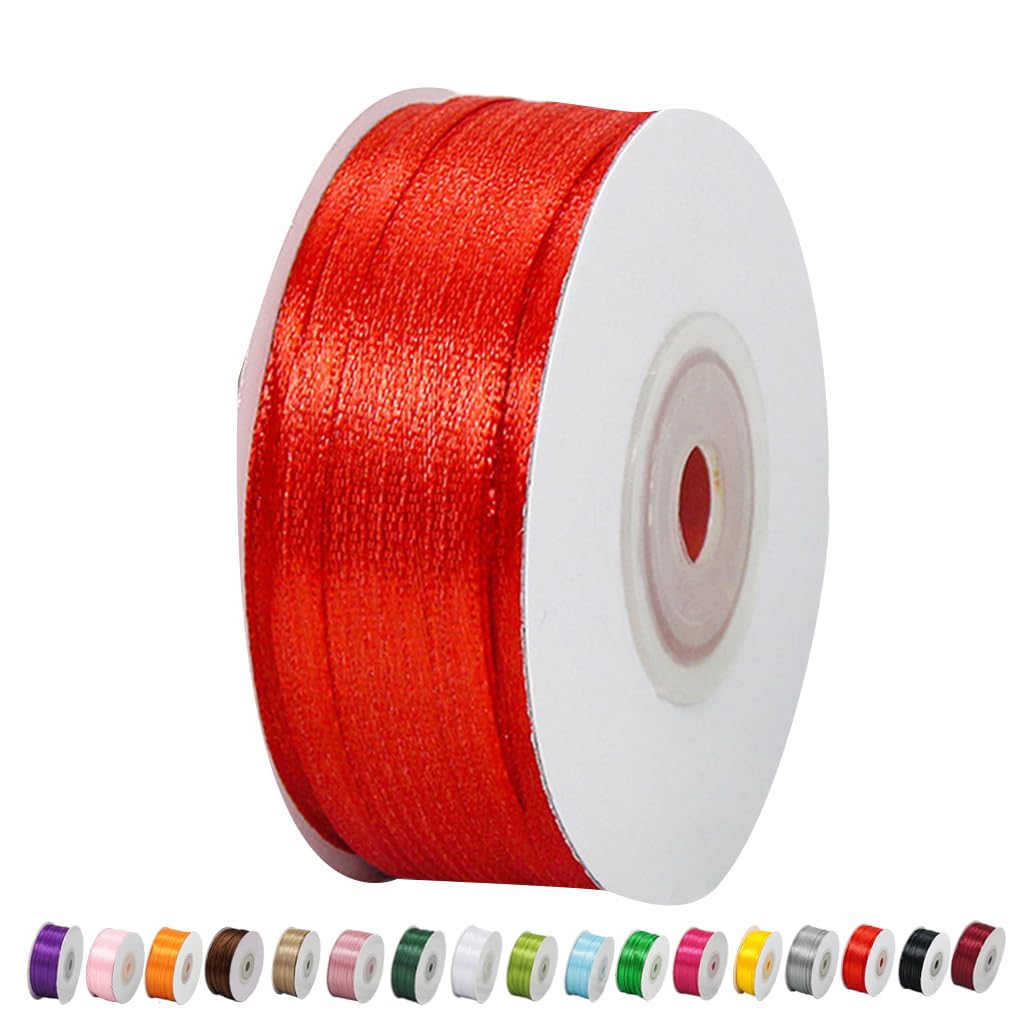 Thin Red Ribbon 3mm Satin Ribbons for Gift Wrapping,91m Silk Thick Wrapping Ribbon Balloon Ribbons Red for Crafting,Christmas,Union Jack British,Hair Bows,Bouquets,Cake Decorations
