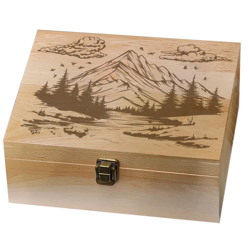 arricraft 1 Pc Wood Memory Keepsake Box, Mountains Rivers Forest Birds Memory Box with Hinged Lids Nature Theme Keepsake Chest for Picture Photos Letter Storage 24.5x19.5x10.3cm