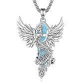 Vito Silver Plated Copper Phoenix Necklace for Women Men, Obsidian Turquoise Amethyst Phoenix Pendant Hexagonal Prism Crystal Protection Energy Amulet Jewelry Gift for Mom Wife, 22“/24”