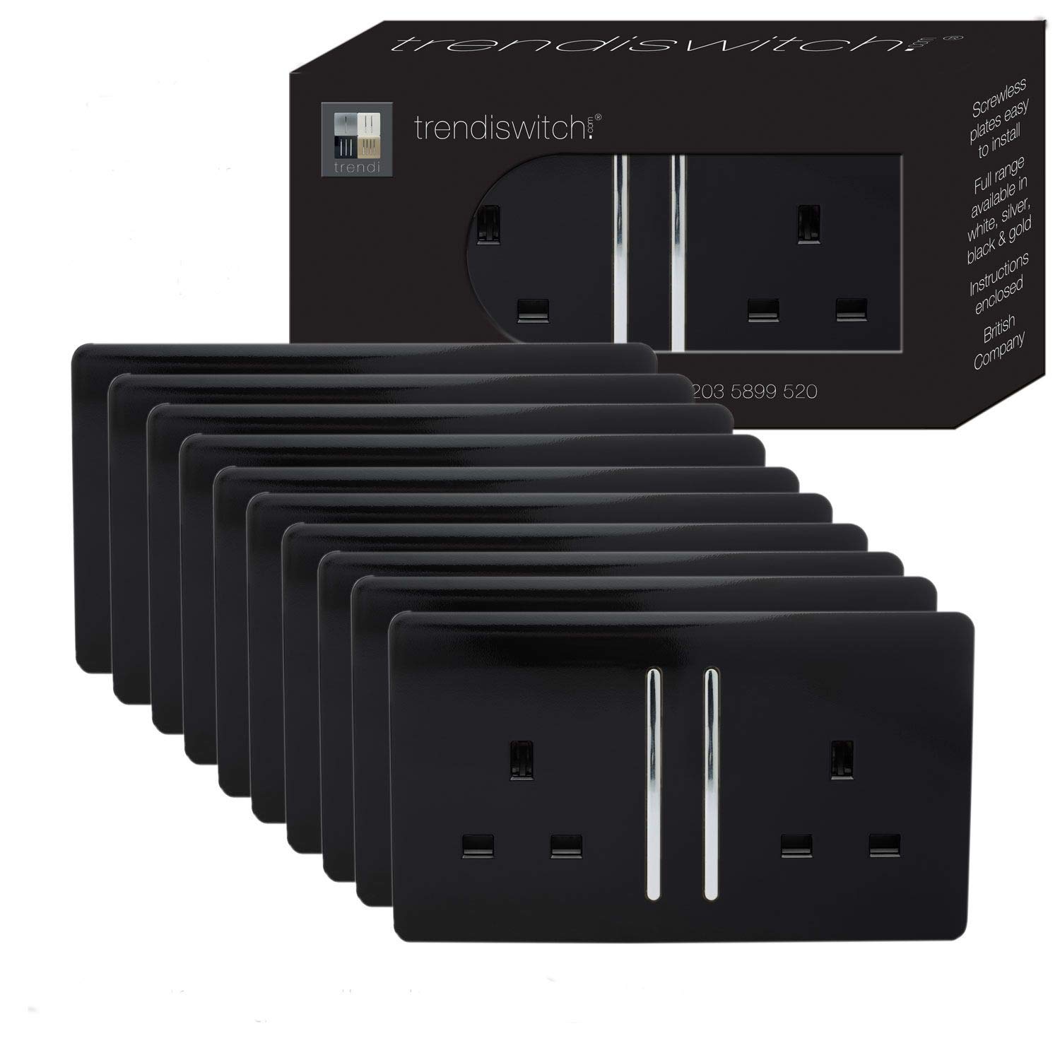 Trendi Switch 2 Gang Artistic Modern Glossy 13 Amp Electrical Long Switched Double Plug Socket Black x10