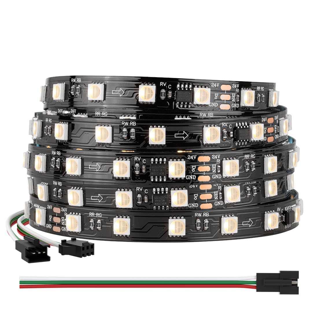 BTF-LIGHTING WS2814 4in1 RGBW Addressable LED Strip 5050SMD RGB+Warmwhite 5050SMD+WS2814 RGB IC 5M 300LEDs DC24V PCB Black IP30 No Waterproof Dreamcolor for Homedecoration DIY-Project