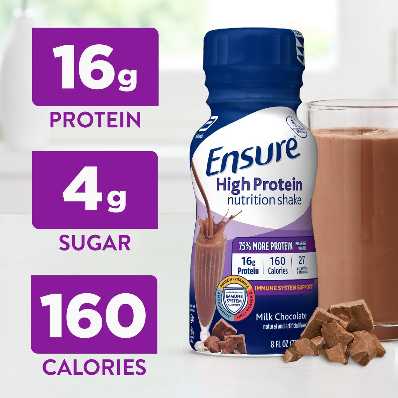 Ensure High Protein Milk Chocolate Nutrition Shake, Ready to Drink, 16g Protein and 27 Vitamins and Minerals, 8 fl oz, 6 Pack