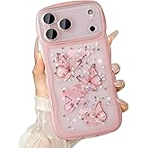 UEEBAI Wave Butterfly Case for iPhone 17 Pro Case, Pretty Bling Star Butterfly for Women Cute Shiny Glitter Phone Cover for Girls Bling Clear Cover Curly Shockproof Girly Shell - Pink