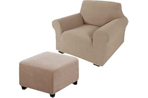 Andreannie Oat Stretch Jacquard Chair Slipcovers Armchair Sofa Covers Chair Couch Covers for Armchair Bundle Ottoman Slipcover (Oat)