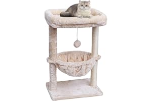 SYANDLVY Small Cat Tree for Indoor Cats, Activity Cat Tower with Scratching Post for Kittens, Cat Furniture with Basket & Hanging Ball for Play Rest, Beige