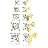 FOSIR 18K Gold Plated Clear Cubic Zirconia Stud Earrings for Women and Men (5 Pairs)