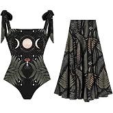 Mushroom and Fern Print One Piece Swimsuit and Skirt Set Women's Tummy Control Bathing Suit
