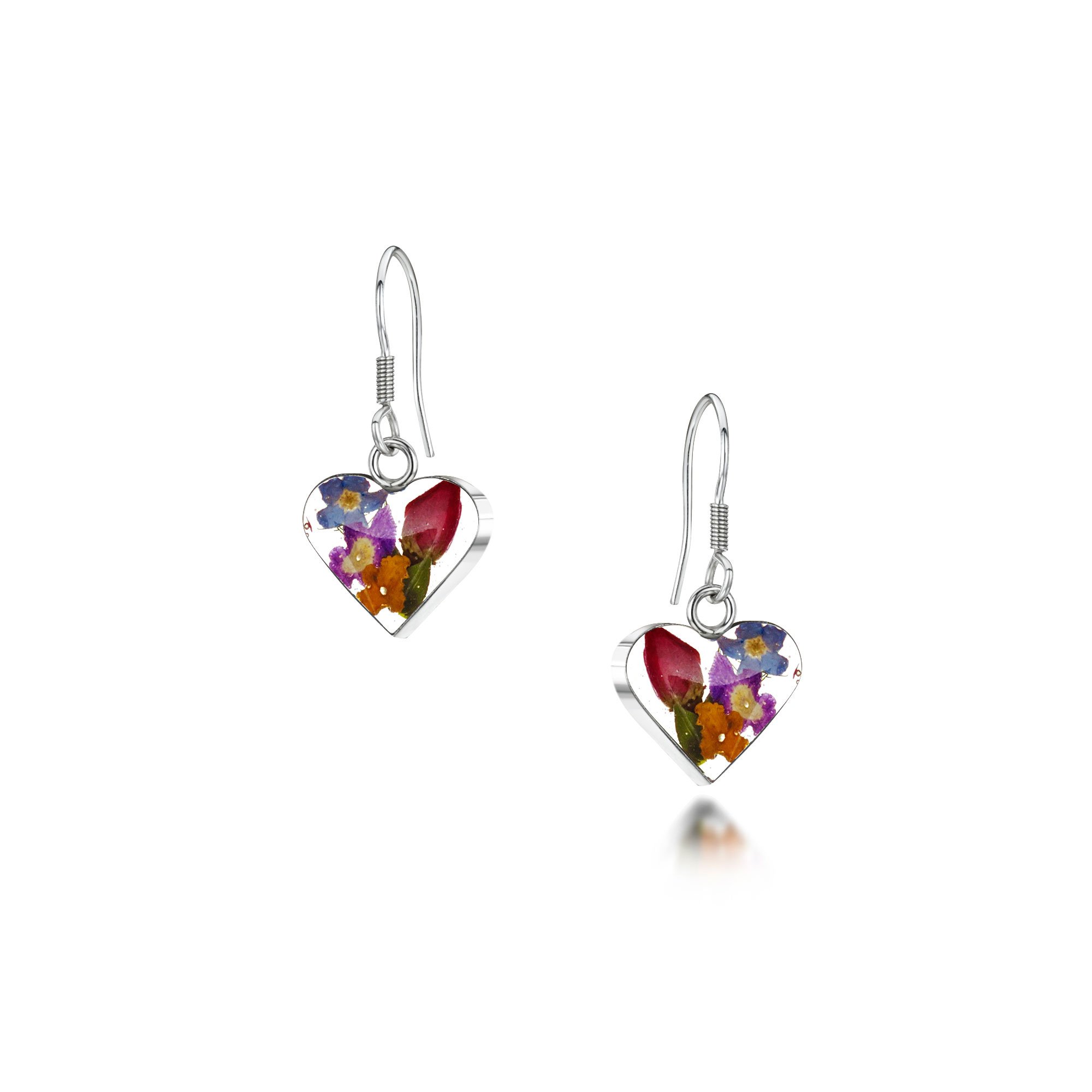 Shrieking Violet 925 Sterling Silver Heart Real Flower Drop Earrings - Assorted Flowers (Multicolour)