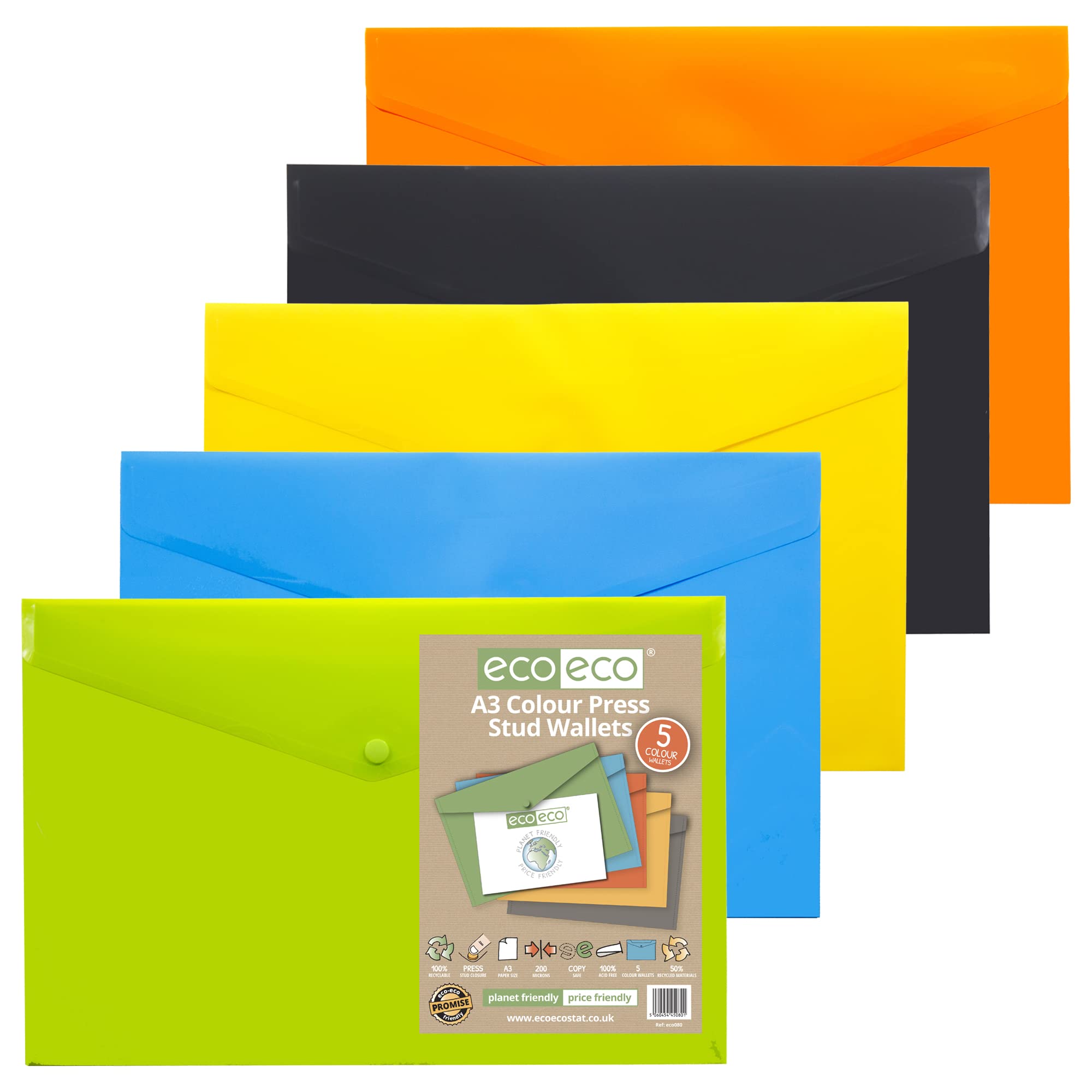 eco-eco A3 50% Recycled Assorted Colours Press Stud Popper Wallet, Plastic Folders (Pack of 5) eco080
