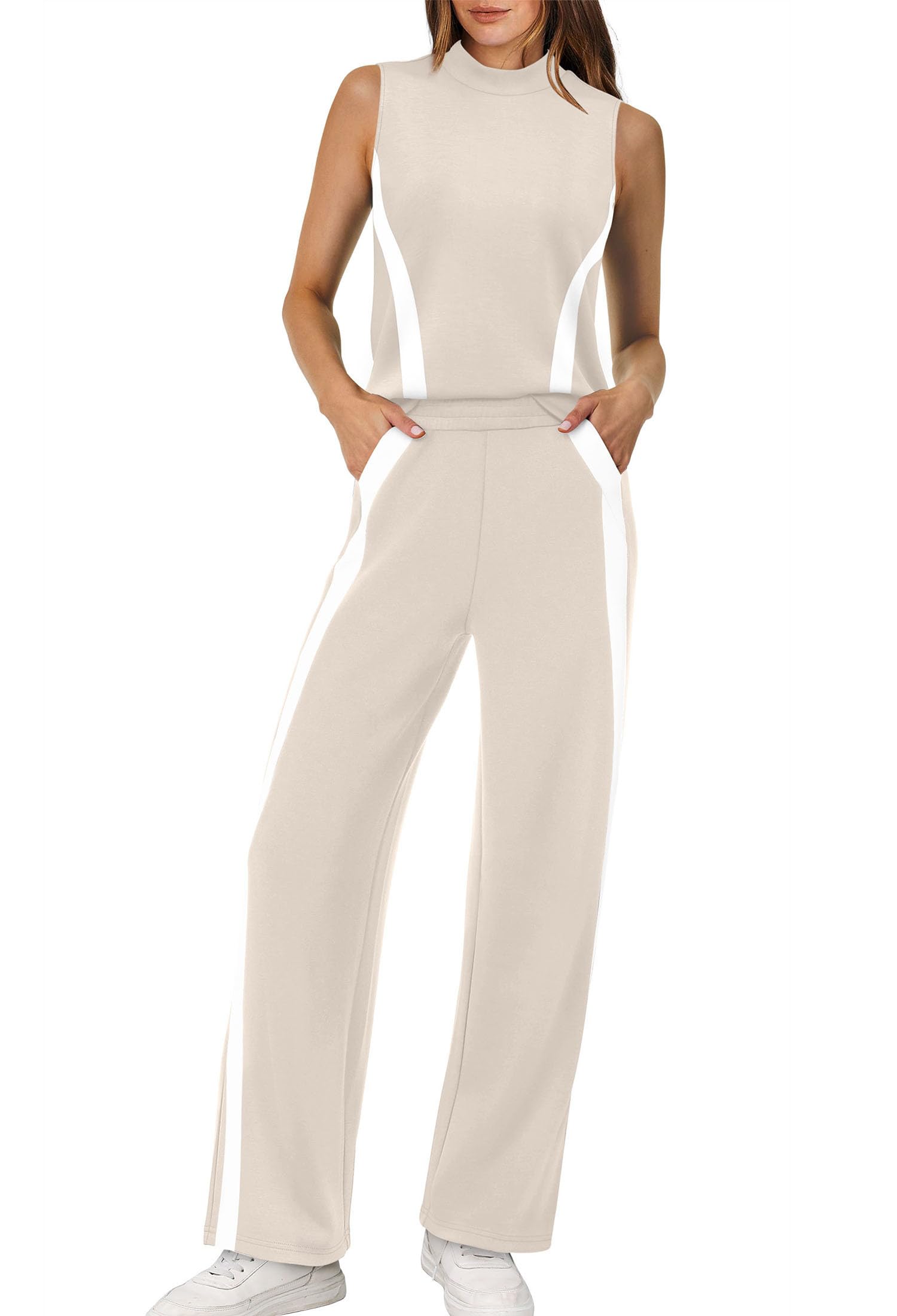 Photo 1 of XIEERDUO Matching Sets Women Clothing 2 Piece Summer Outfits Beach Vacation Clothes Luxury Fashion Lounge Sets Mock Neck Cruise Airport Beige M