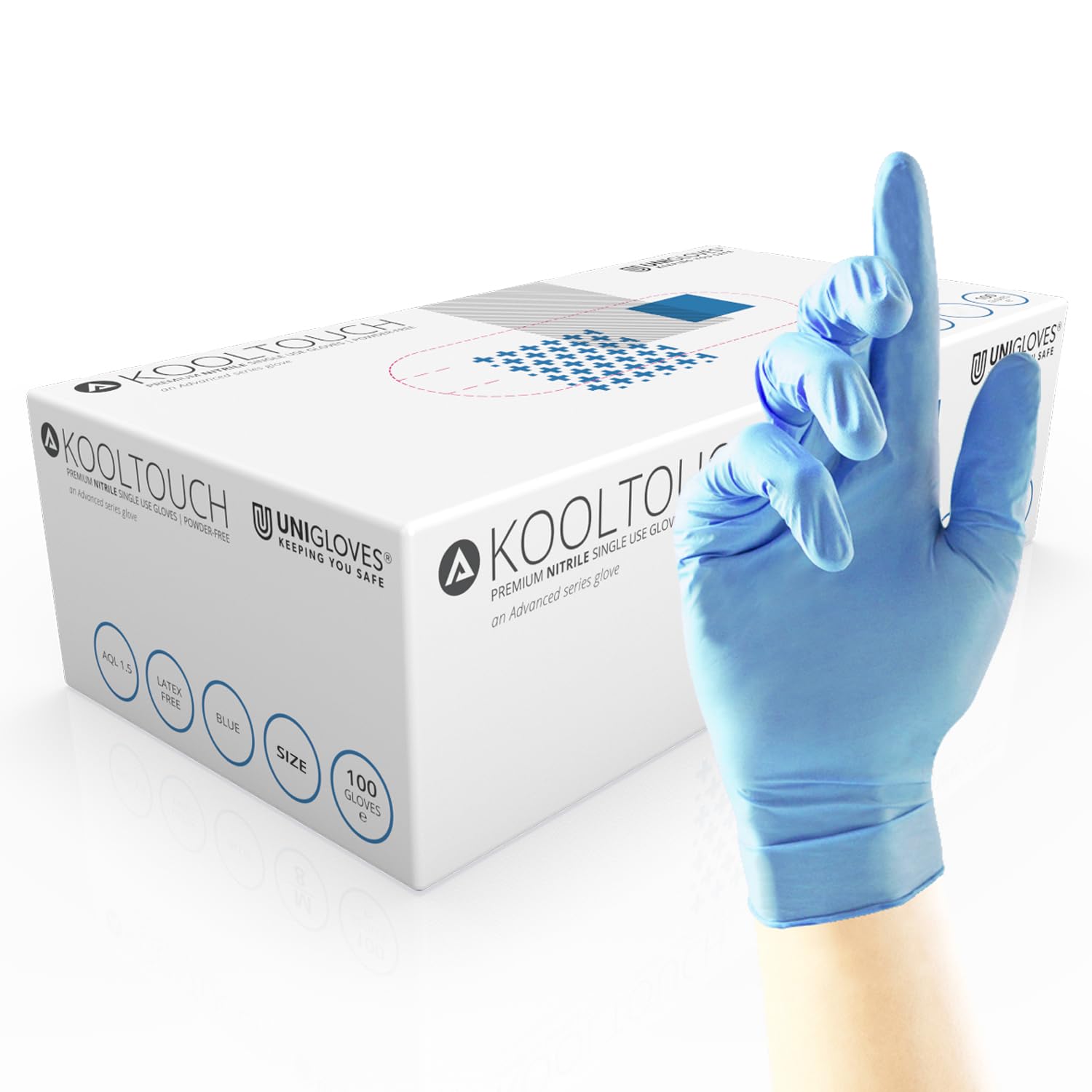 Unigloves Kooltouch Disposable Nitrile Gloves - Powder and Latex Free, Medical Grade, Examination Gloves, Ideal for Dentistry, Healthcare and Food Processing, Blue, Box of 100, Small