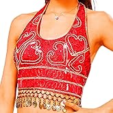 GRAEEN Belly Dance Sequin Crop Top Coin Tassel Rave Carnival Costume Bra Tops for Women