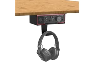 FSNIWEKO Under Desk Mount for Focusrite Scarlett Solo 3rd Gen/Solo 4th Gen with Headphone Hanger Stand,Under Desk Metal Shelf Organizer for Audio Interfaces and Studio Gear (Black Holder Only)