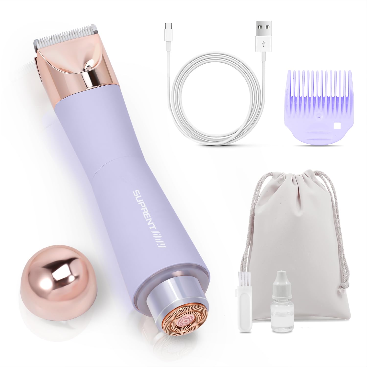 SUPRENT Lady Shaver for Women, 2 in 1 Painless Electric Lady Shaver Bikini Trimmer Facial Hair Removal Body Hair Trimmer for Face Legs Underarm Pubic Hair Wet & Dry (Purple)