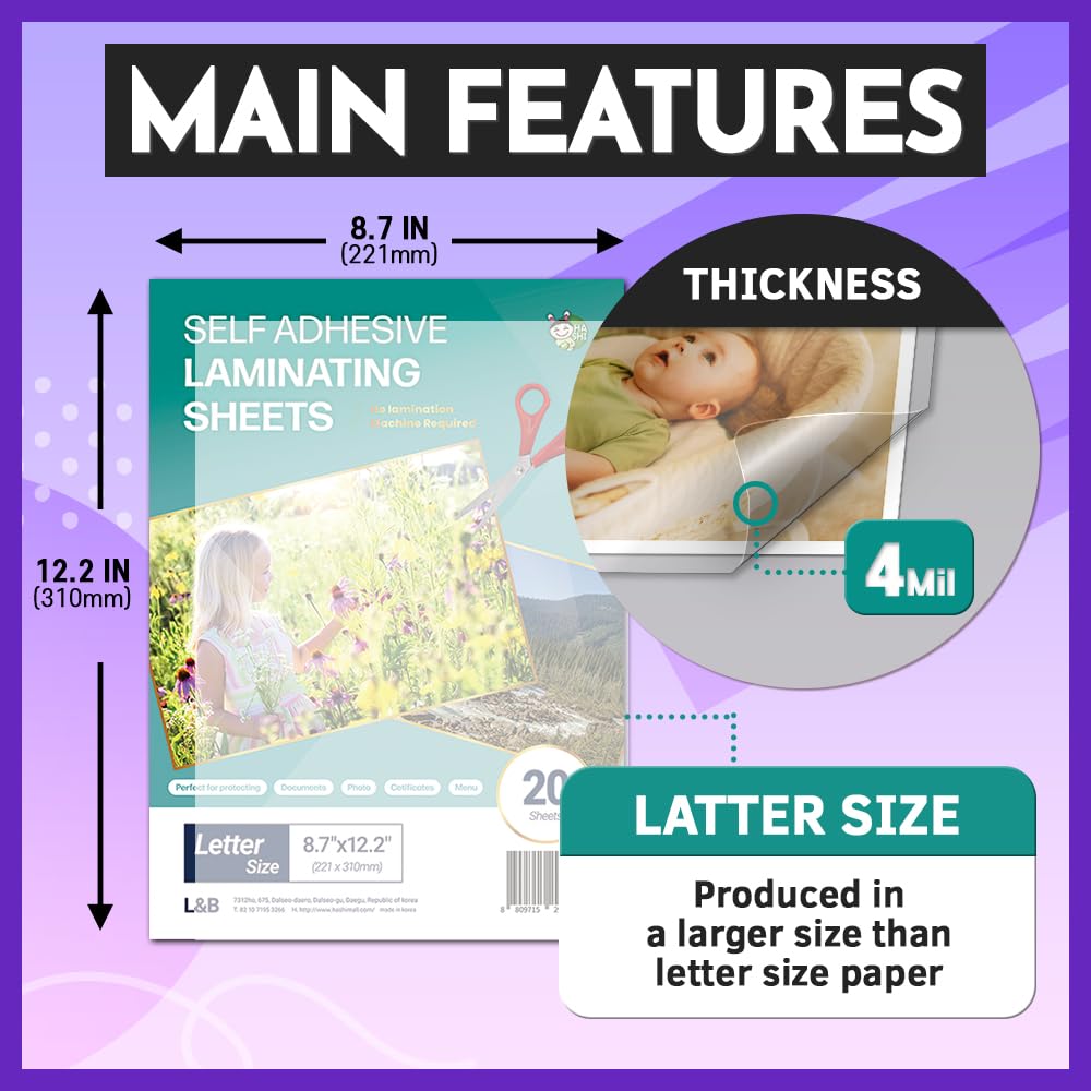 Self Adhesive Laminating Clear Sheets, 4mil, Pack of 20, Letter Size (8.5 x 11 Inches) No Heat, No Machine, Laminate Sheets Self Sealing, Contact Plastic Paper by HASHI