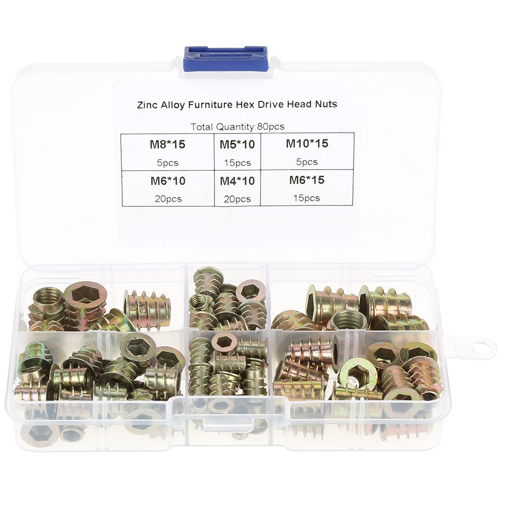 Garosa 80pcs M4/M5/M6/M8/M10 Insert Nut Zinc Alloy Screw-in Type Hex Drive Threaded Furniture Insert Nuts Bolt Assortmen Repair Tool Set