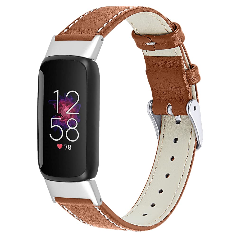 Gimuk Ginamart Leather Strap Compatible with Fitbit Luxe Strap, Women Men Genuine Leather Wristband Replacement Watch Strap Band for Luxe Fitness Tracker (Brown)