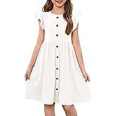 Haloumoning Girls Dress Kids Flutter Sleeve A-Line Button Down Sundress Casual Midi Dresses 5-14 Years