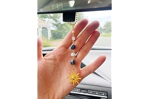 Sun Hanging Car Charm,Green and Gold Rear View Mirror Accessories Cute Boho Dangling Sun Car Decor Handmade Healing Crystals 