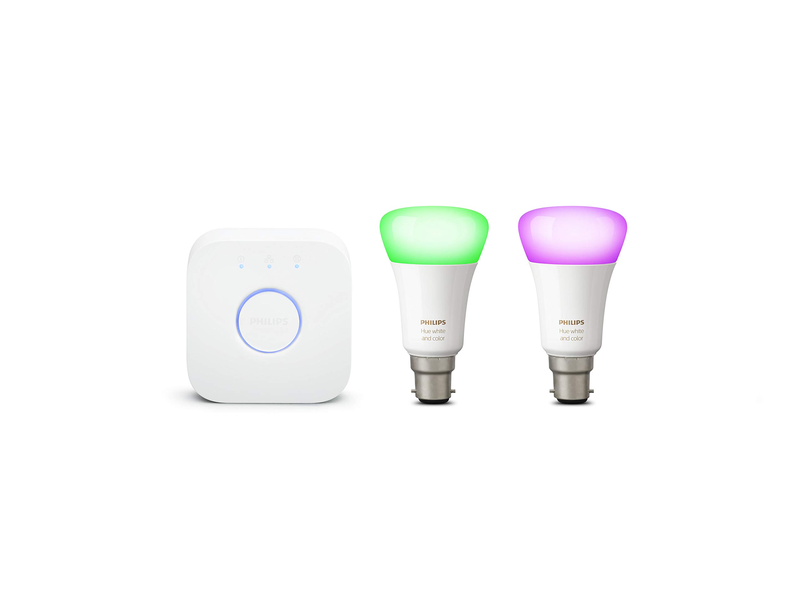 Philips Hue White and Colour Ambiance Mini Starter Kit [B22 Bayonet Cap] Includes 2 Smart LED Bulbs and a Hue Bridge, Compatible with Alexa, Google Assistant and Apple Homekit