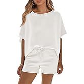 Fisoew Womens Summer 2 Piece Outfits Oversized Casual Short Sleeve Tops and High Waisted Shorts Workout Lounge Short Sets