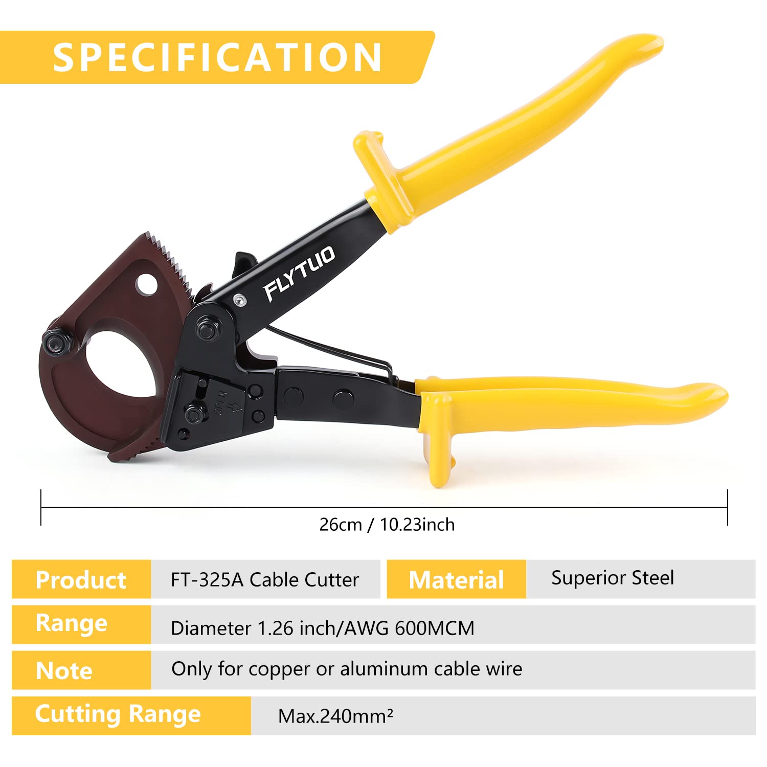 Flytuo FT-325 Ratschenkabelschneider Schwerlast-Werkzeug für Aluminium, Kupfer und elektrische Kabel bis zu 240mm² 2