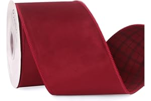 Ribbli Dark Red Velvet Wired Ribbon with Plaid 4 Inch Reversible Christmas Ribbon for Gift Wrapping Christmas Tree Decoration Crafts Wreaths Supplies-Continuous 10 Yards