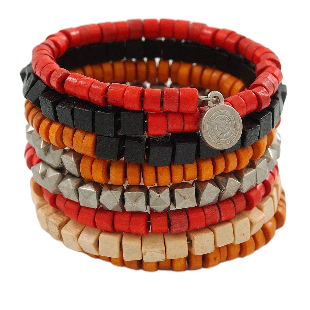Avalaya Wide Red/Black/Orange Wooden Bead Coil Flex Bracelet - Adjustable