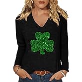 FKQRXO V-Neck Valentine's Day Shirt for Women Love Heart Irish Shamrock Graphic Long Sleeve St Patrick's Day Tees Tops